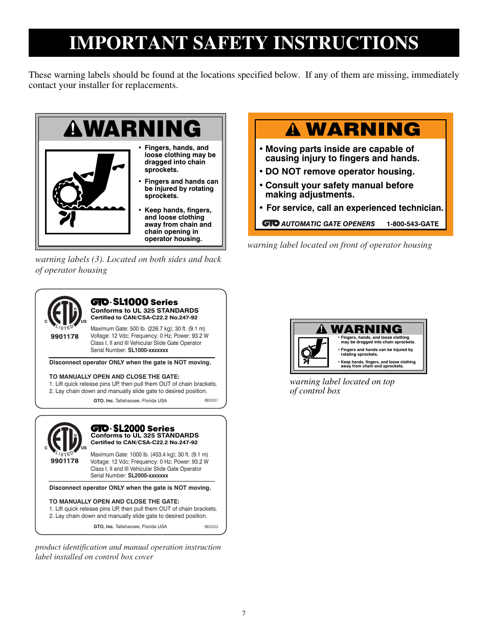 Warning, Important safety instructions | GTO SL-1000 User Manual | Page 10 / 44