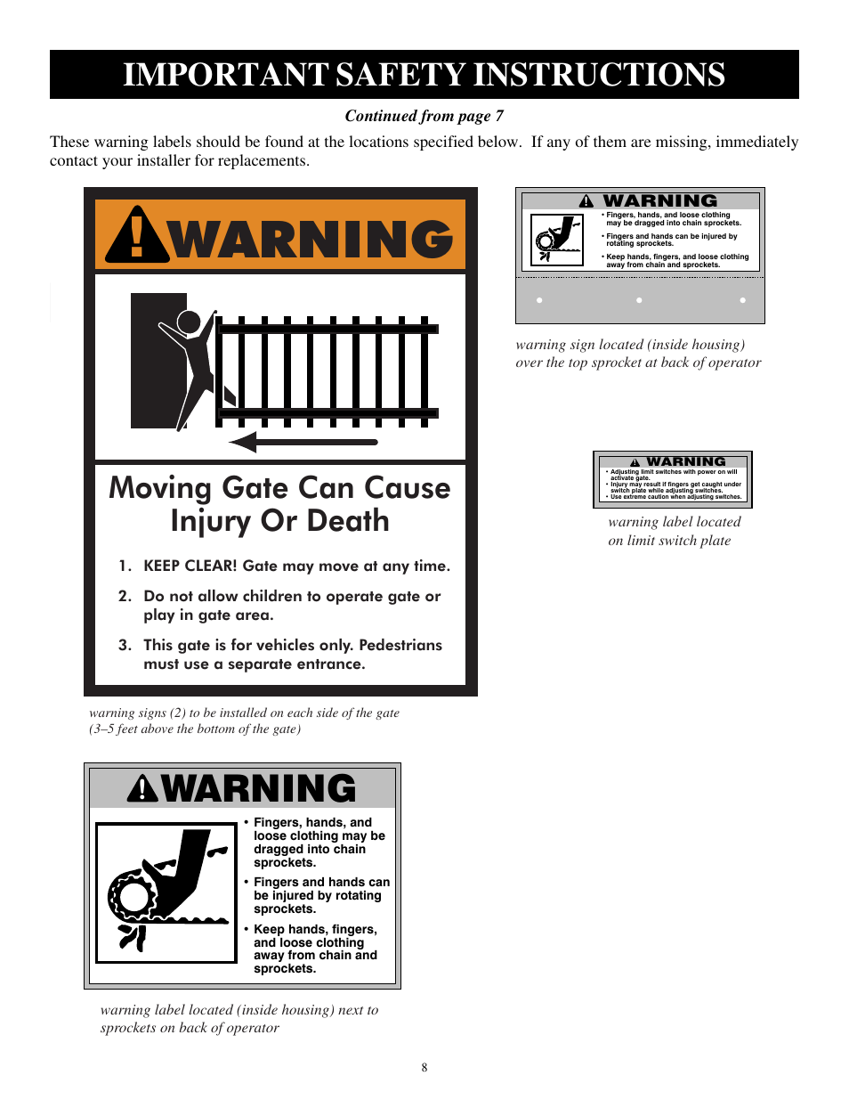 Warning, Important safety instructions, Moving gate can cause injury or death | GTO SL-1000 User Manual | Page 11 / 44