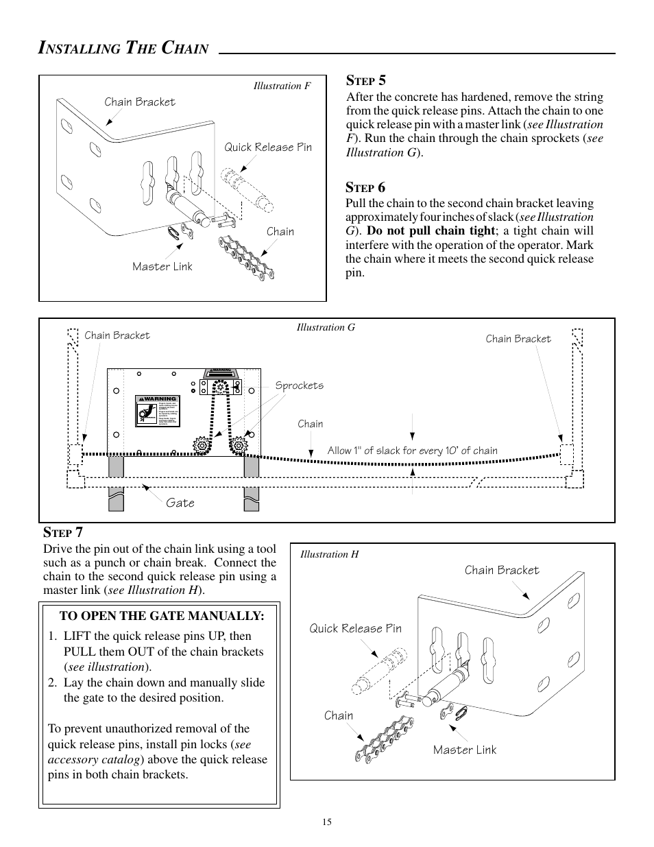 Nstalling, Hain, Quick release pin chain master link chain bracket | Gate | GTO SL-1000 User Manual | Page 18 / 44