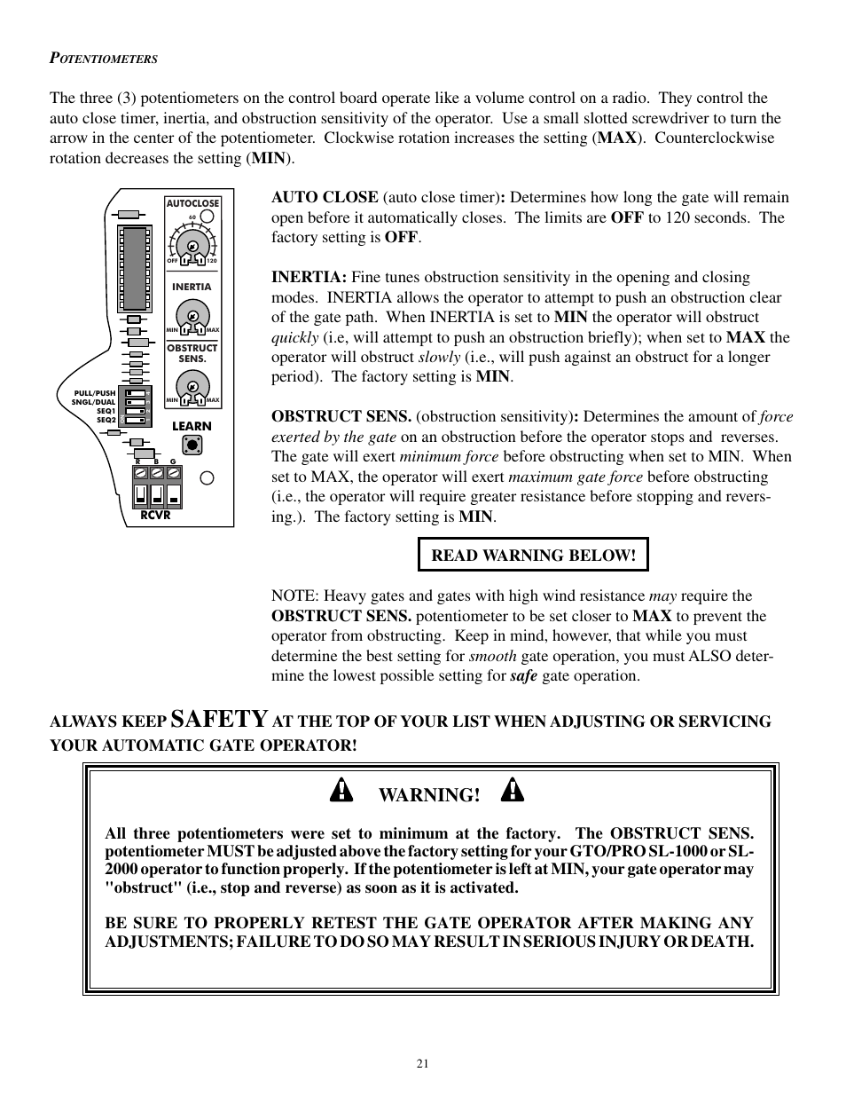 Safety, Warning | GTO SL-1000 User Manual | Page 24 / 44