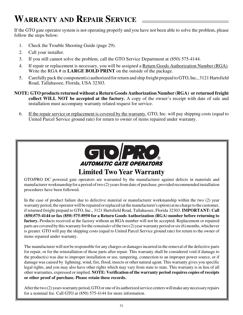 Limited two year warranty, Arranty, Epair | Ervice | GTO SL-1000 User Manual | Page 34 / 44
