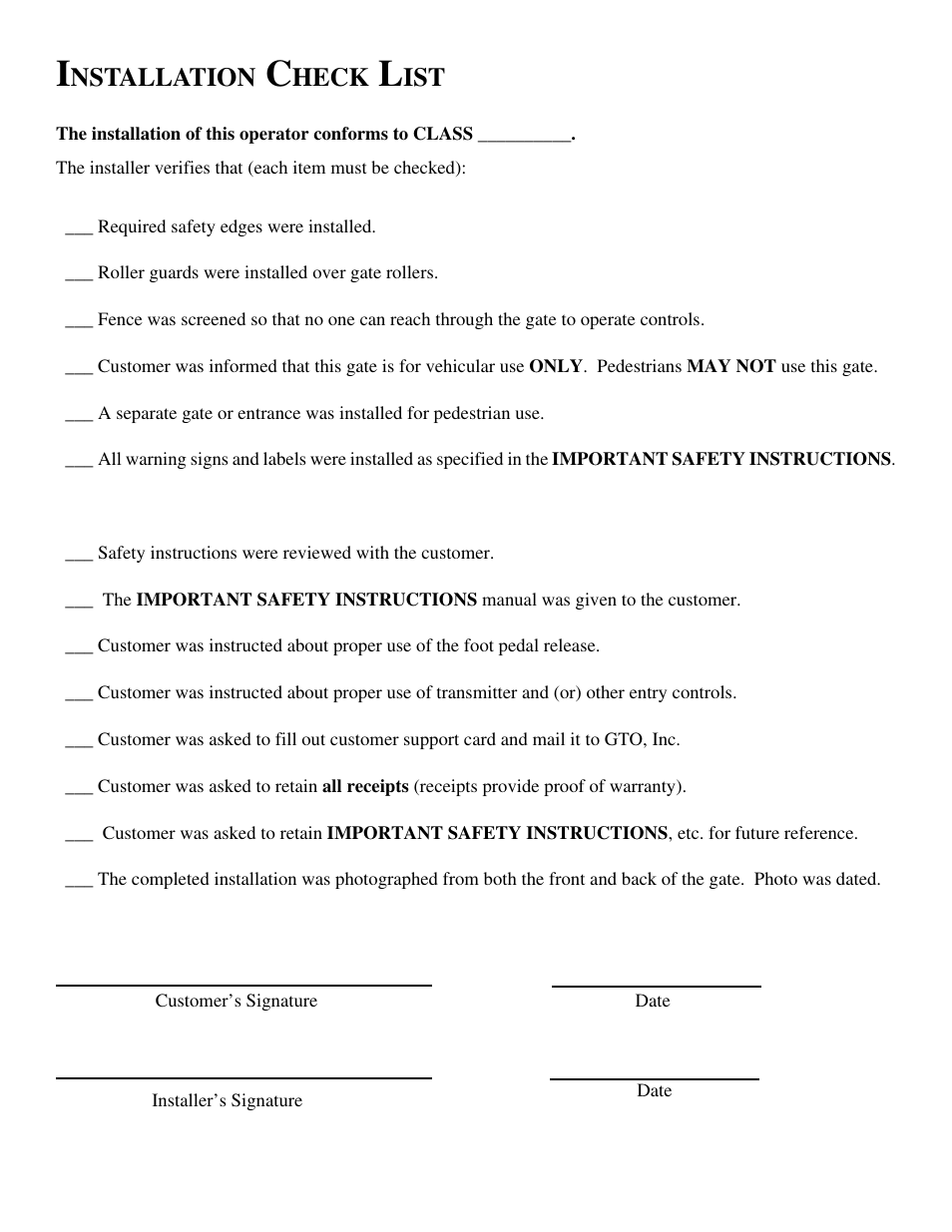 Nstallation, Heck | GTO SL-1000 User Manual | Page 44 / 44