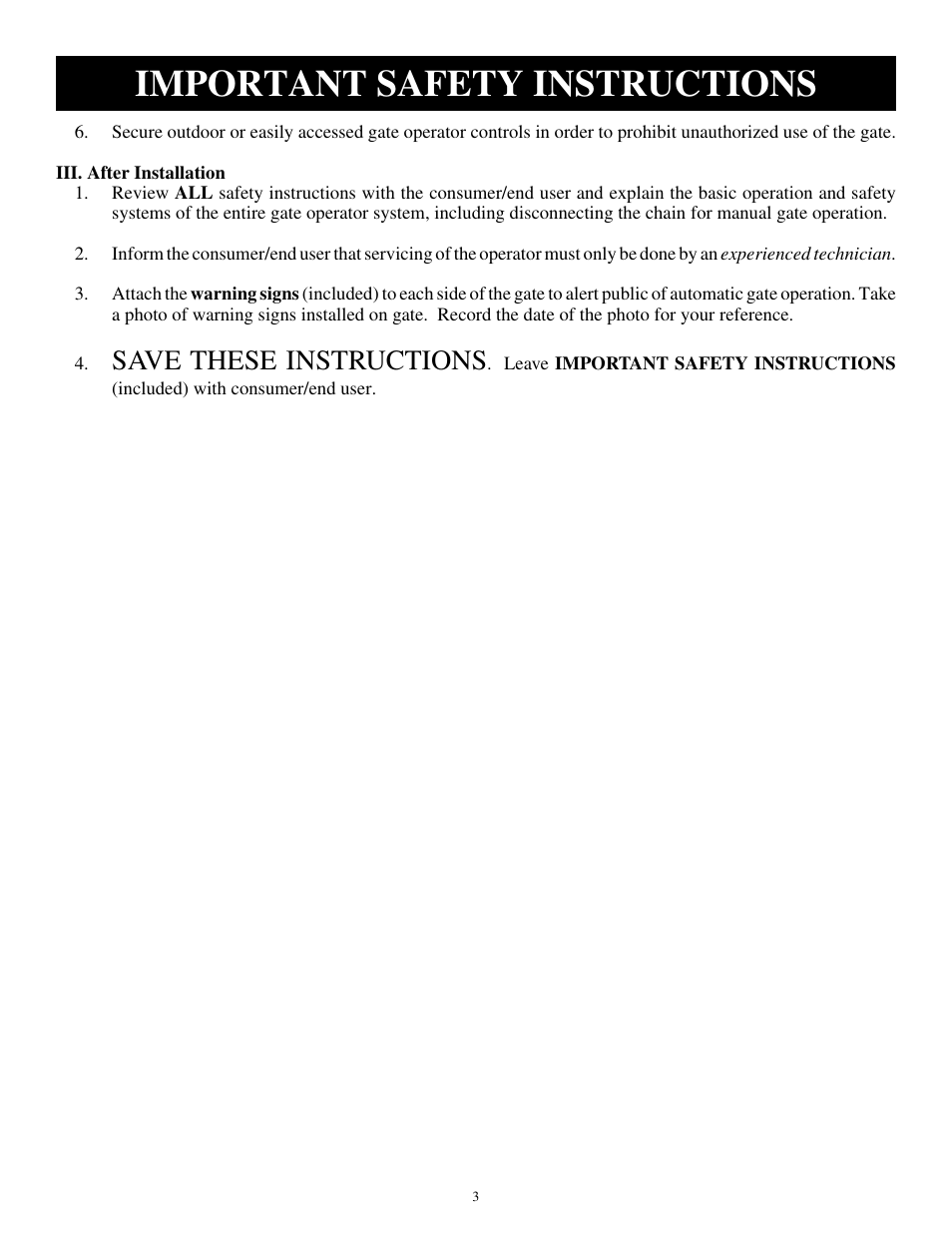 Important safety instructions, Save these instructions | GTO SL-1000 User Manual | Page 6 / 44