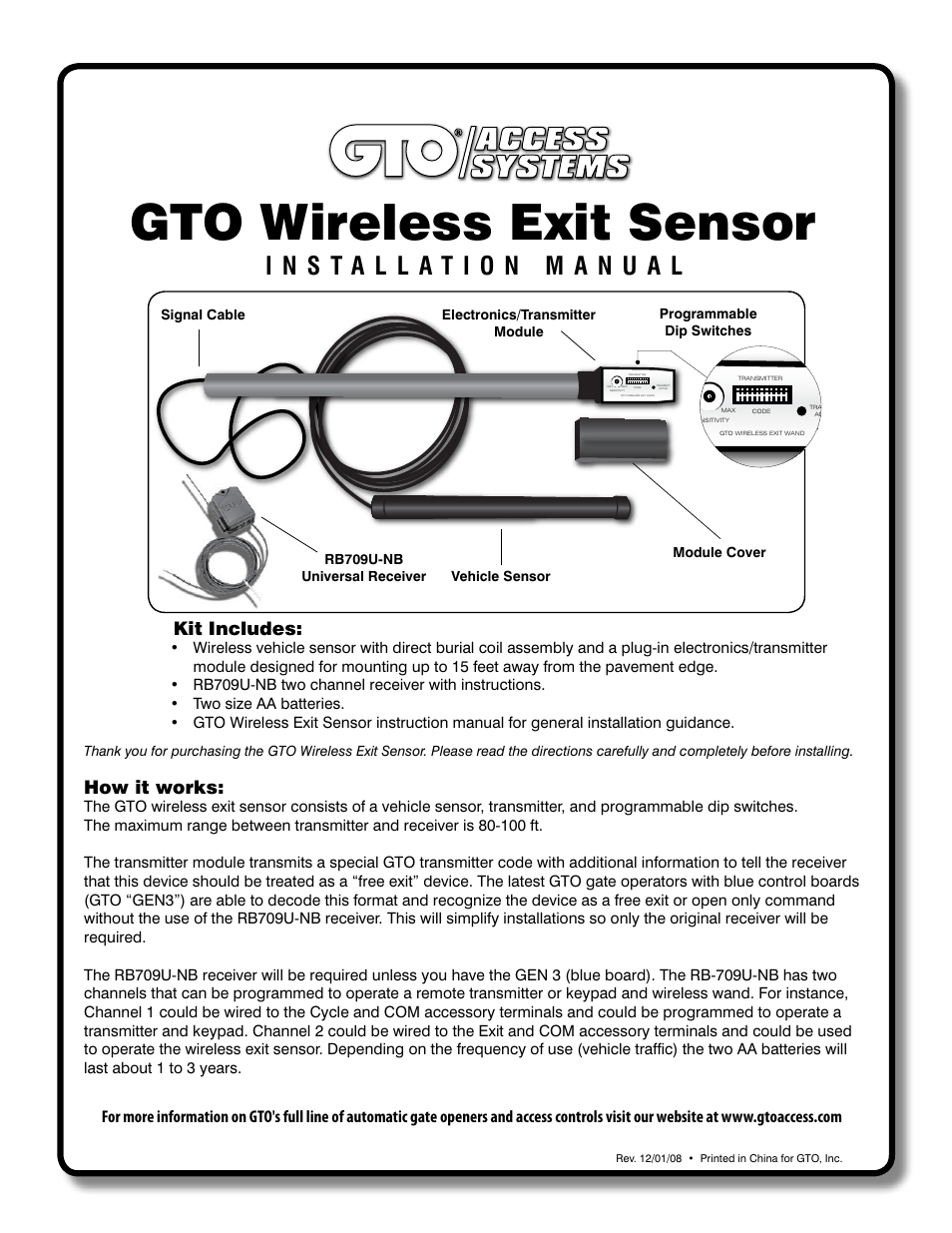GTO Wireless Exit Sensors GTO User Manual | 9 pages