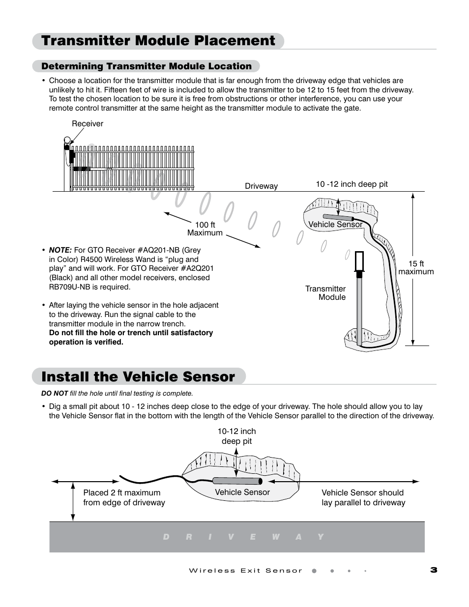 Install the vehicle sensor, Transmitter module placement | GTO Wireless Exit Sensors GTO User Manual | Page 3 / 9