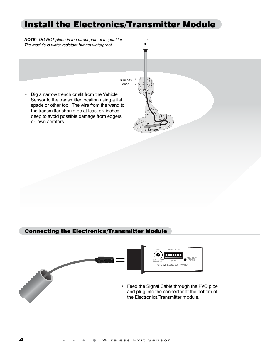 Install the electronics/transmitter module, Connecting the electronics/transmitter module | GTO Wireless Exit Sensors GTO User Manual | Page 4 / 9