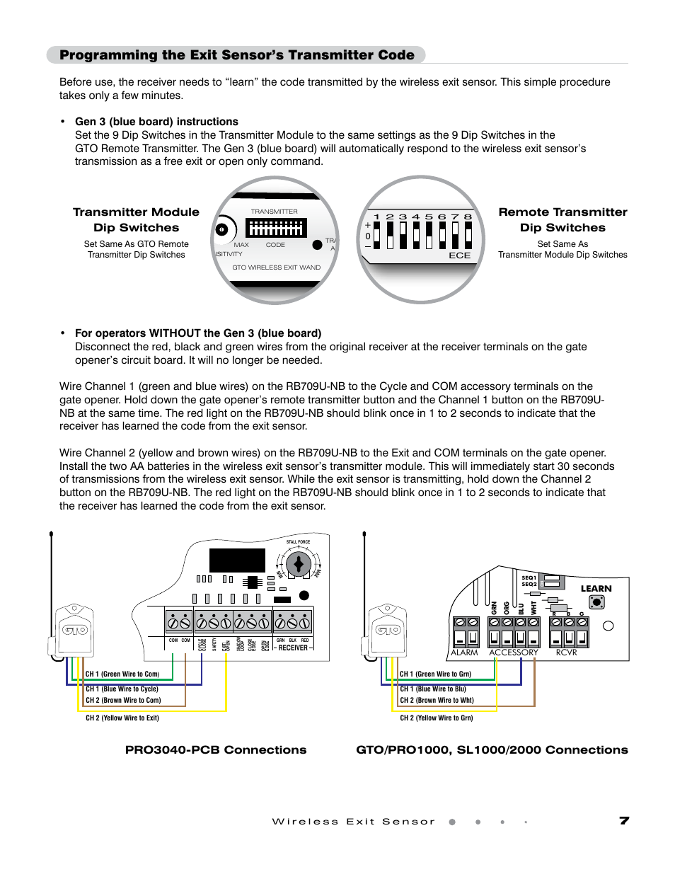 Programming the exit sensor’s transmitter code, Remote transmitter dip switches | GTO Wireless Exit Sensors GTO User Manual | Page 7 / 9