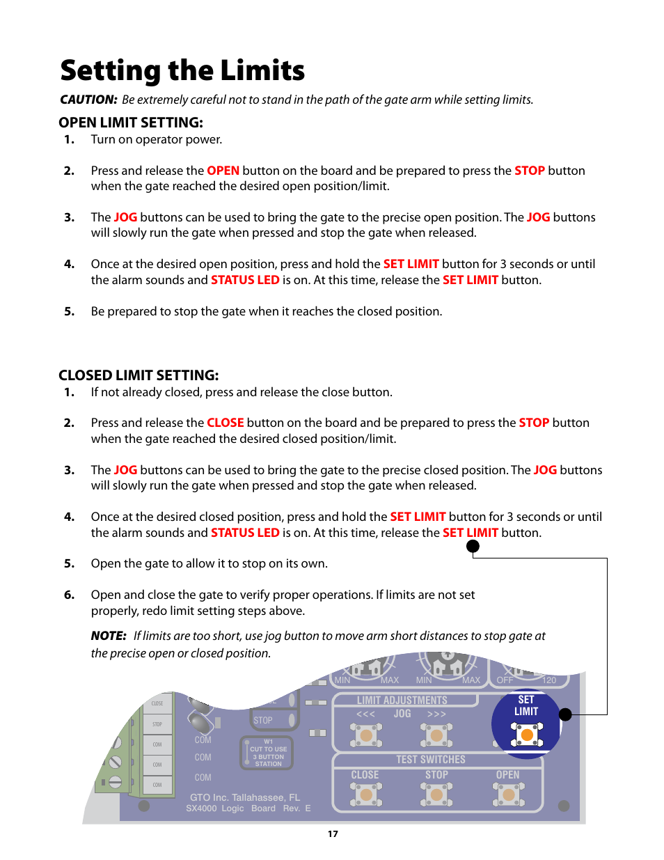 Setting the limits, Open limit setting, Closed limit setting | GTO GP-SW050 User Manual | Page 20 / 37