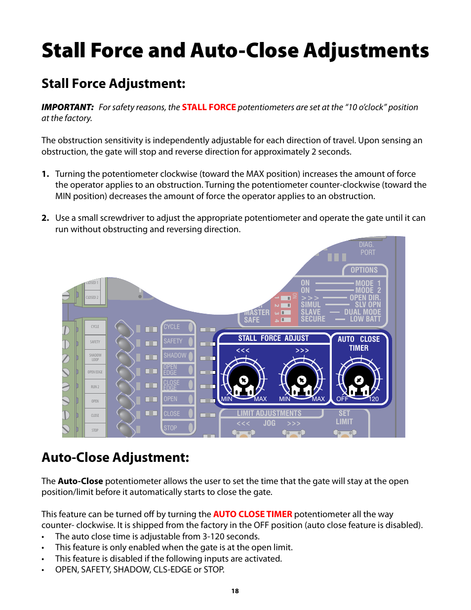 Stall force and auto-close adjustments, Stall force adjustment, Auto-close adjustment | GTO GP-SW050 User Manual | Page 21 / 37