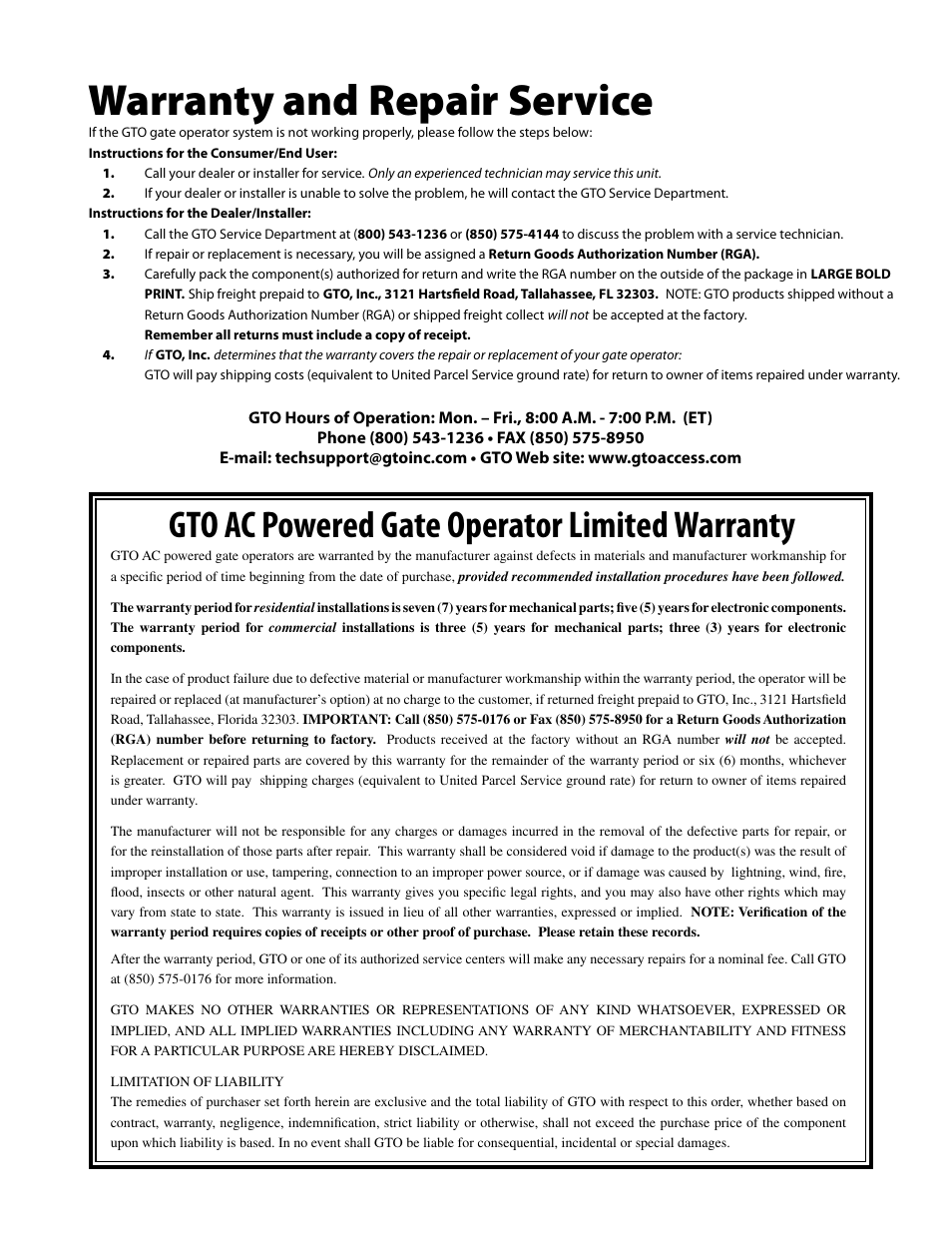 Warranty and repair service, Gto ac powered gate operator limited warranty | GTO GP-SW050 User Manual | Page 36 / 37