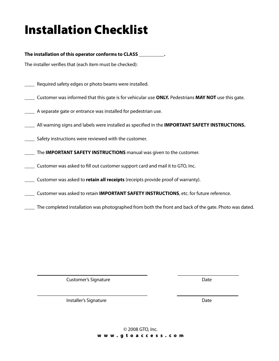 Installation checklist | GTO GP-SW050 User Manual | Page 37 / 37