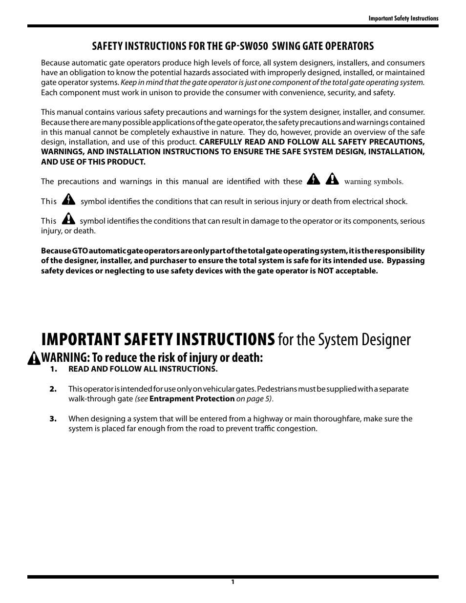 Warning: to reduce the risk of injury or death | GTO GP-SW050 User Manual | Page 4 / 37