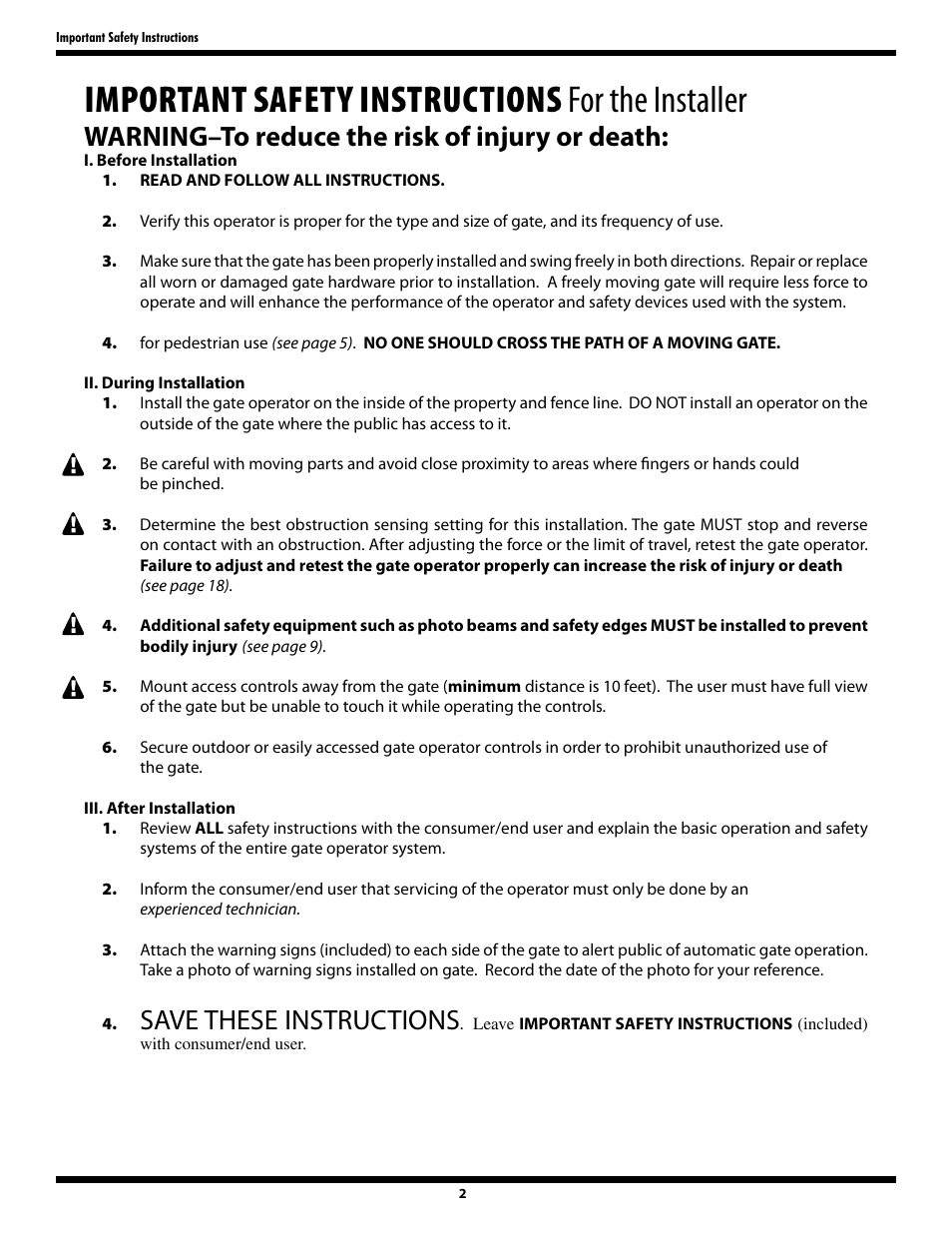 Important safety instructions for the installer, Warning–to reduce the risk of injury or death, Save these instructions | GTO GP-SW050 User Manual | Page 5 / 37