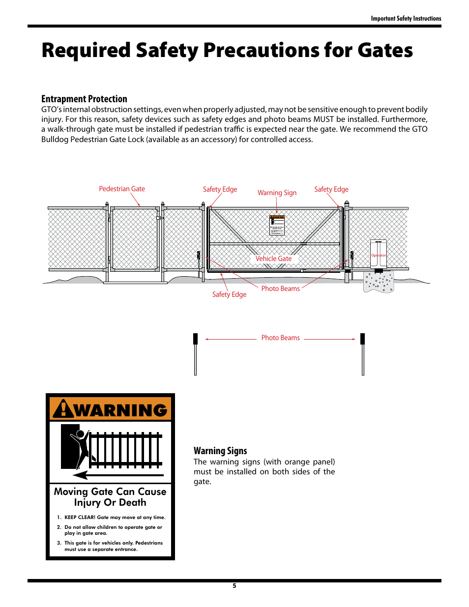 Required safety precautions for gates, Warning, Warning signs | Entrapment protection | GTO GP-SW050 User Manual | Page 8 / 37