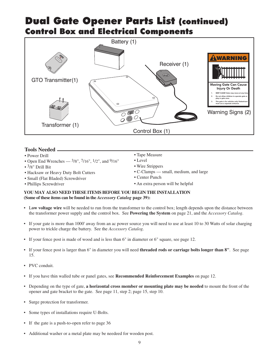 Dual gate opener parts list, Continued) control box and electrical components, Tools needed | Warning, Receiver (1) | GTO 2502 User Manual | Page 13 / 44