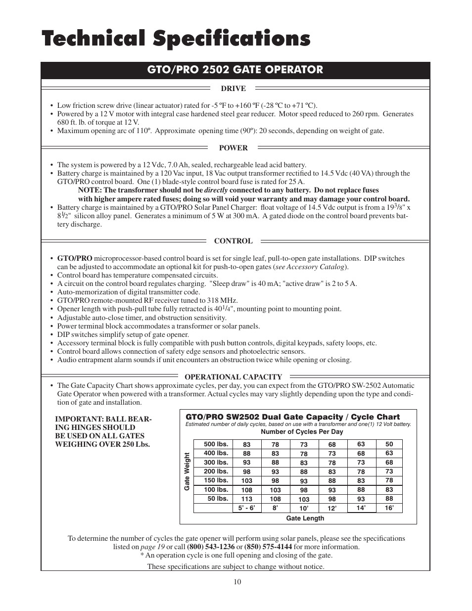 Technical speciﬁcations, Gto/pro 2502 gate operator | GTO 2502 User Manual | Page 14 / 44