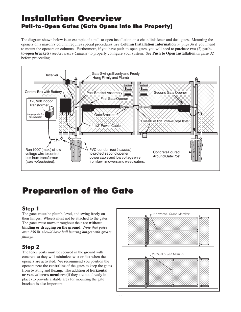 Preparation of the gate, Installation overview, Step 1 | Step 2, Pull-to-open gates (gate opens into the property) | GTO 2502 User Manual | Page 15 / 44