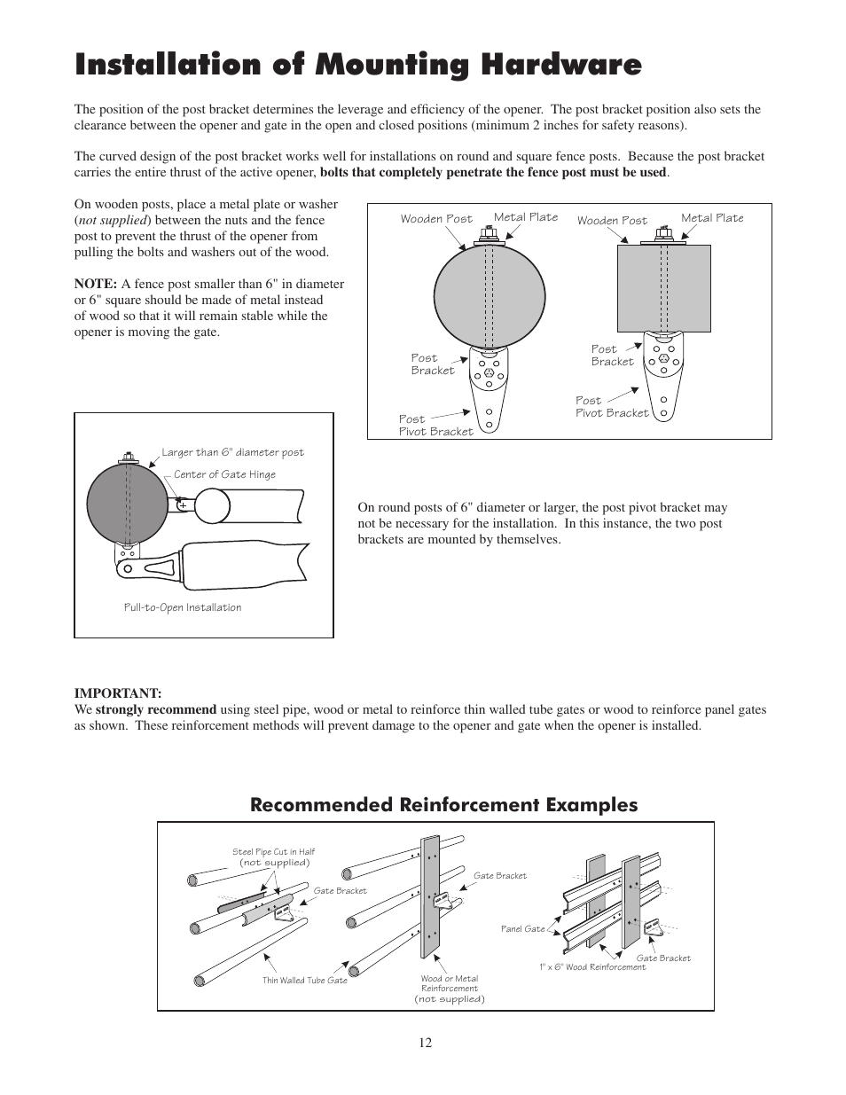 Installation of mounting hardware, Recommended reinforcement examples | GTO 2502 User Manual | Page 16 / 44