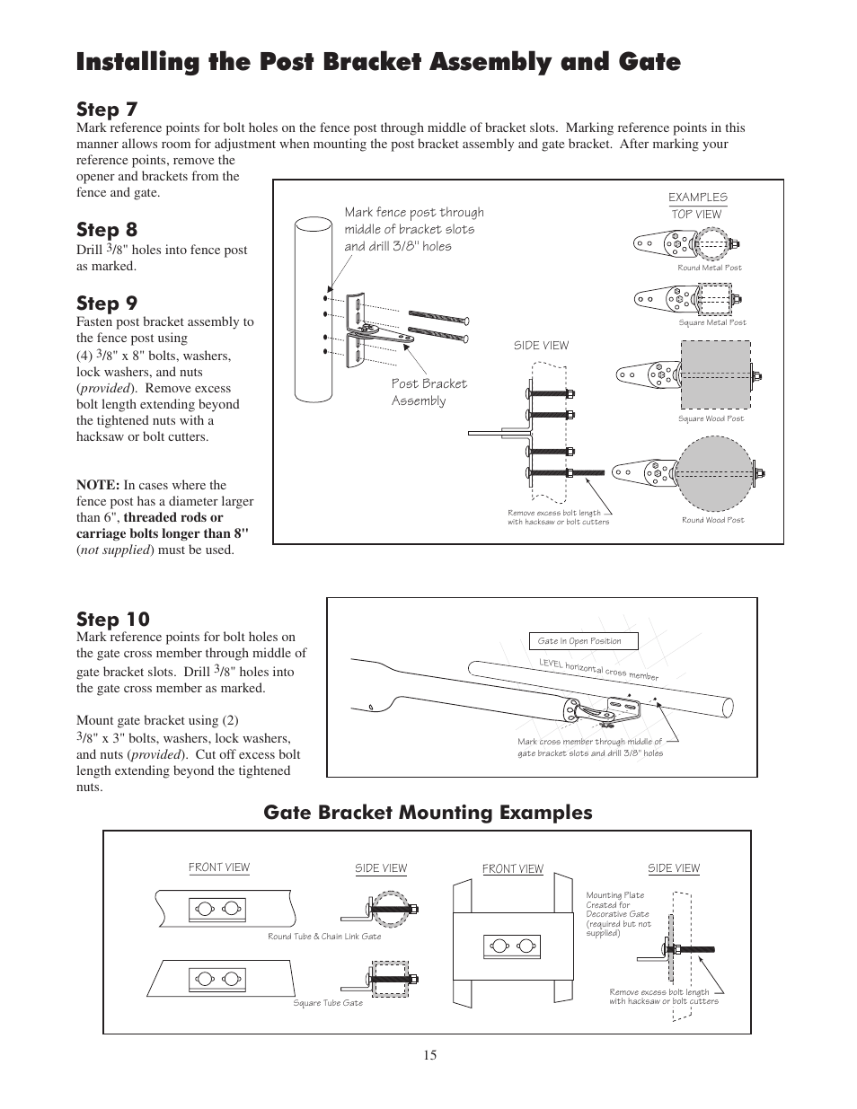 Installing the post bracket assembly and gate, Step 7, Step 8 | Step 9, Step 10, Gate bracket mounting examples | GTO 2502 User Manual | Page 19 / 44
