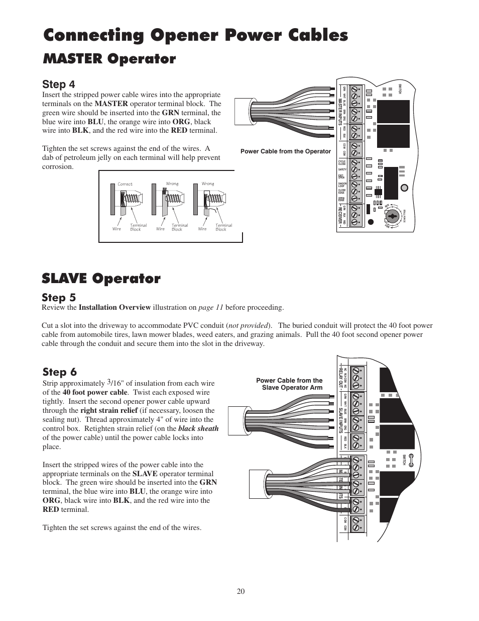 Connecting opener power cables, Master operator, Slave operator | Step 4, Step 6, Step 5 | GTO 2502 User Manual | Page 24 / 44