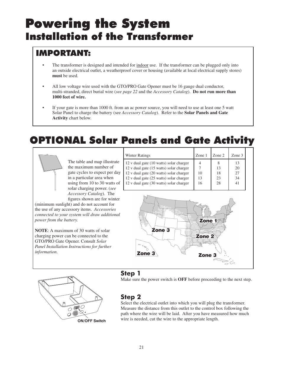 Powering the system, Optional solar panels and gate activity, Installation of the transformer | Important, Step 1, Step 2 | GTO 2502 User Manual | Page 25 / 44