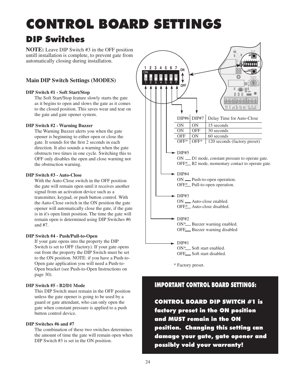 Control board settings, Dip switches, Important control board settings | GTO 2502 User Manual | Page 28 / 44