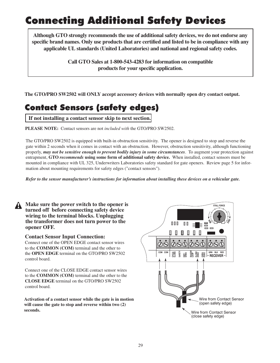 Connecting additional safety devices, Contact sensors (safety edges) | GTO 2502 User Manual | Page 33 / 44