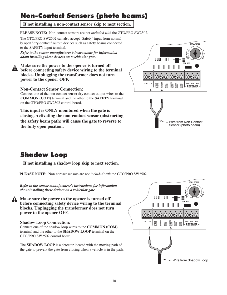 Non-contact sensors (photo beams), Shadow loop | GTO 2502 User Manual | Page 34 / 44