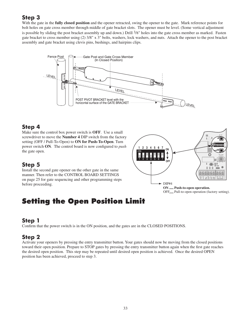 Setting the open position limit, Step 3, Step 4 | Step 1, Step 2, Step 5 | GTO 2502 User Manual | Page 37 / 44