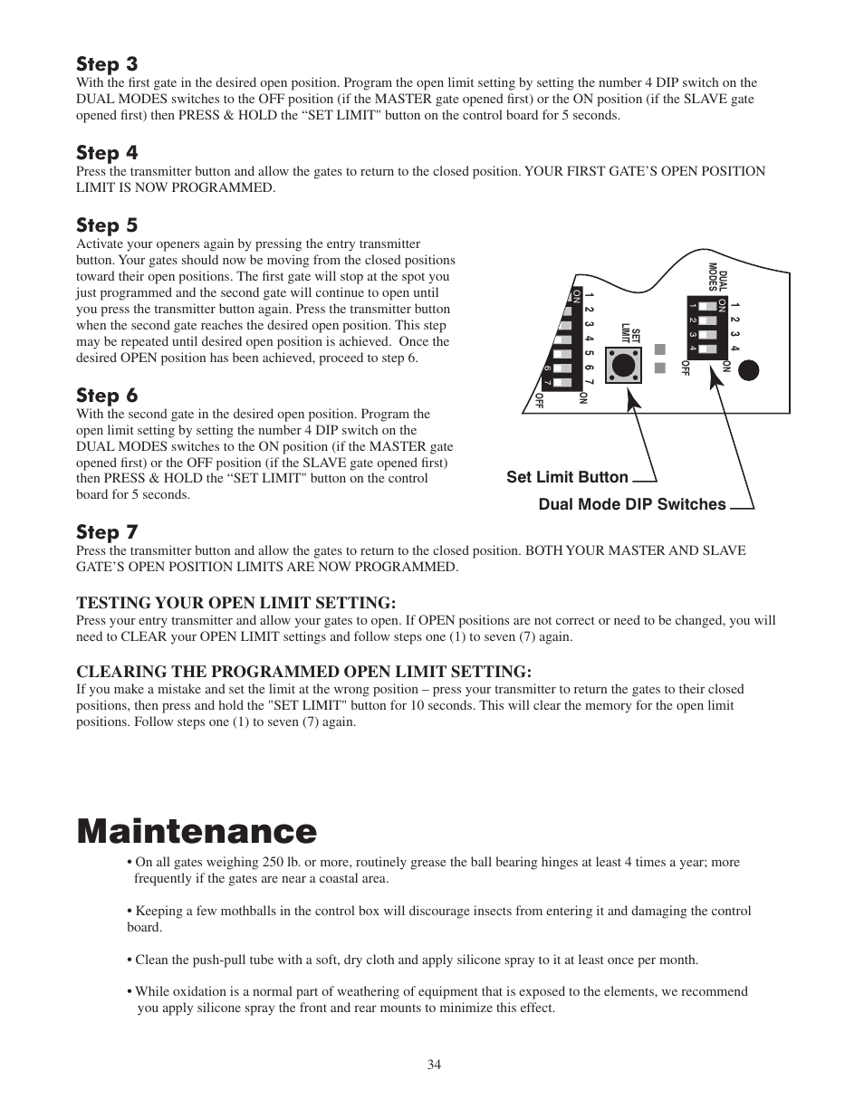 Maintenance, Step 3, Step 4 | Step 5, Step 6, Step 7, Testing your open limit setting, Clearing the programmed open limit setting | GTO 2502 User Manual | Page 38 / 44