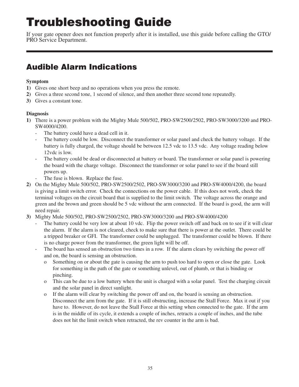 Troubleshooting guide, Audible alarm indications | GTO 2502 User Manual | Page 39 / 44