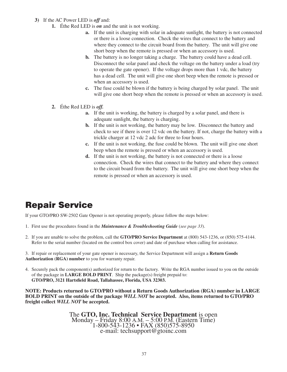 Repair service | GTO 2502 User Manual | Page 41 / 44