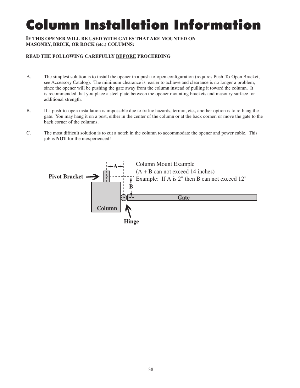 Column installation information | GTO 2502 User Manual | Page 42 / 44