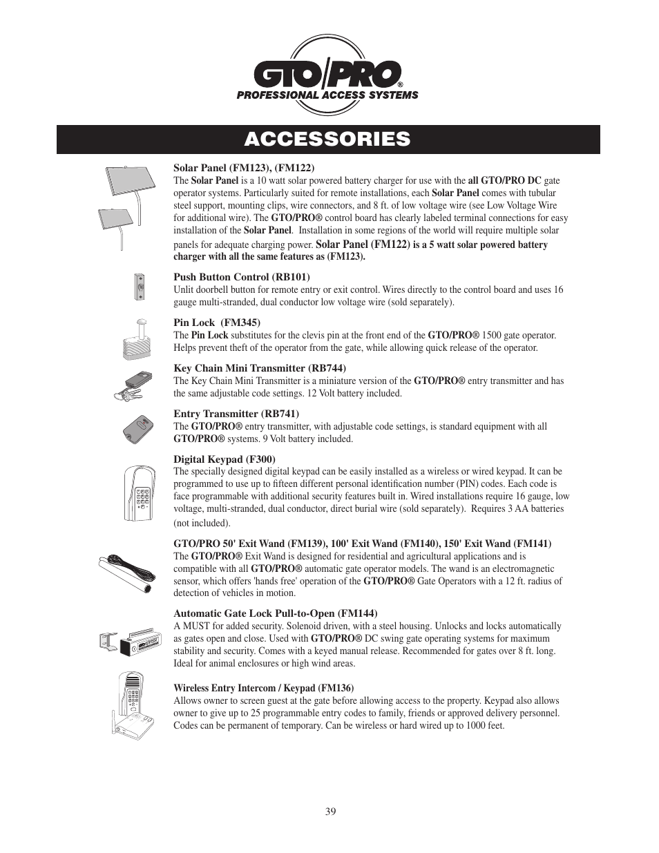 Accessories, Solar panel (fm122) | GTO 2502 User Manual | Page 43 / 44