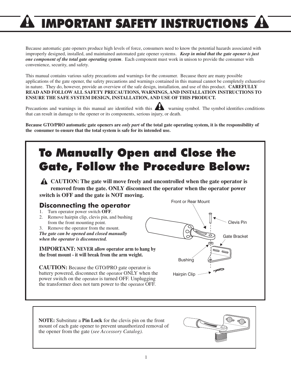 Important safety instructions, Disconnecting the operator | GTO 2502 User Manual | Page 5 / 44