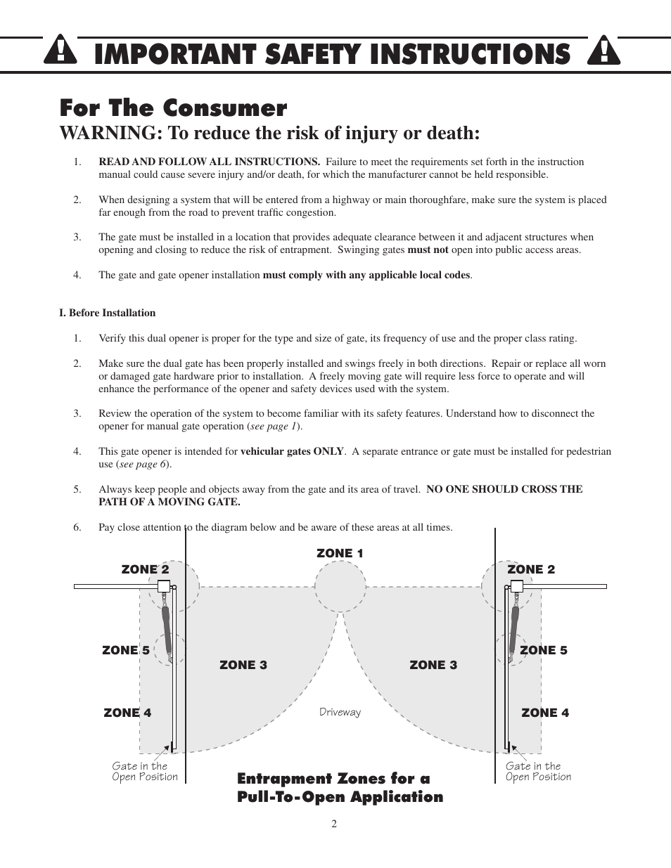 Important safety instructions, For the consumer, Warning: to reduce the risk of injury or death | Entrapment zones for a pull-to-open application | GTO 2502 User Manual | Page 6 / 44