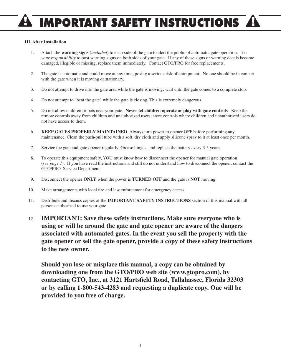 Important safety instructions | GTO 2502 User Manual | Page 8 / 44