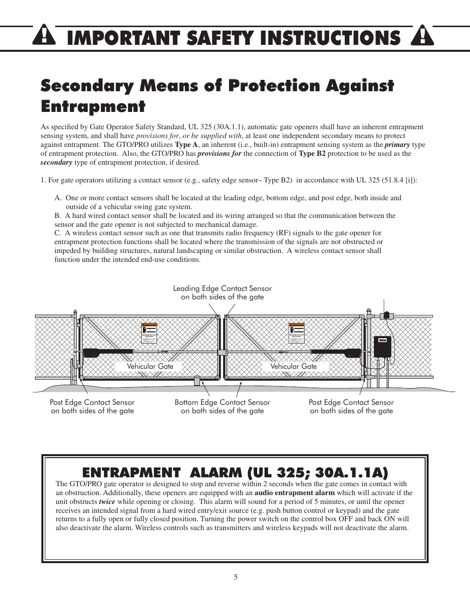 Important safety instructions, Secondary means of protection against entrapment | GTO 2502 User Manual | Page 9 / 44