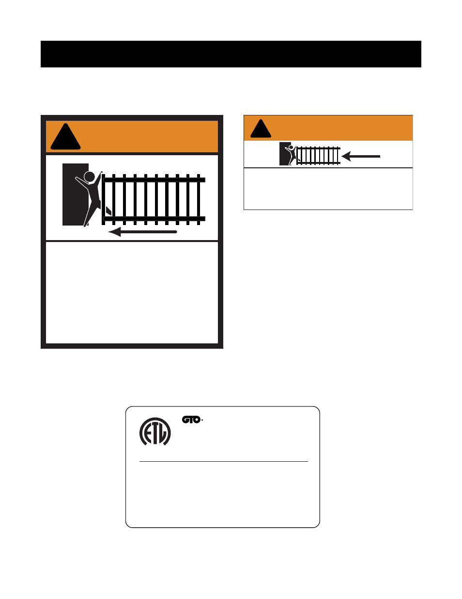 Warning, Important safety instructions, Warning signs and labels | Moving gate can cause injury or death | GTO RB923 rev User Manual | Page 10 / 48