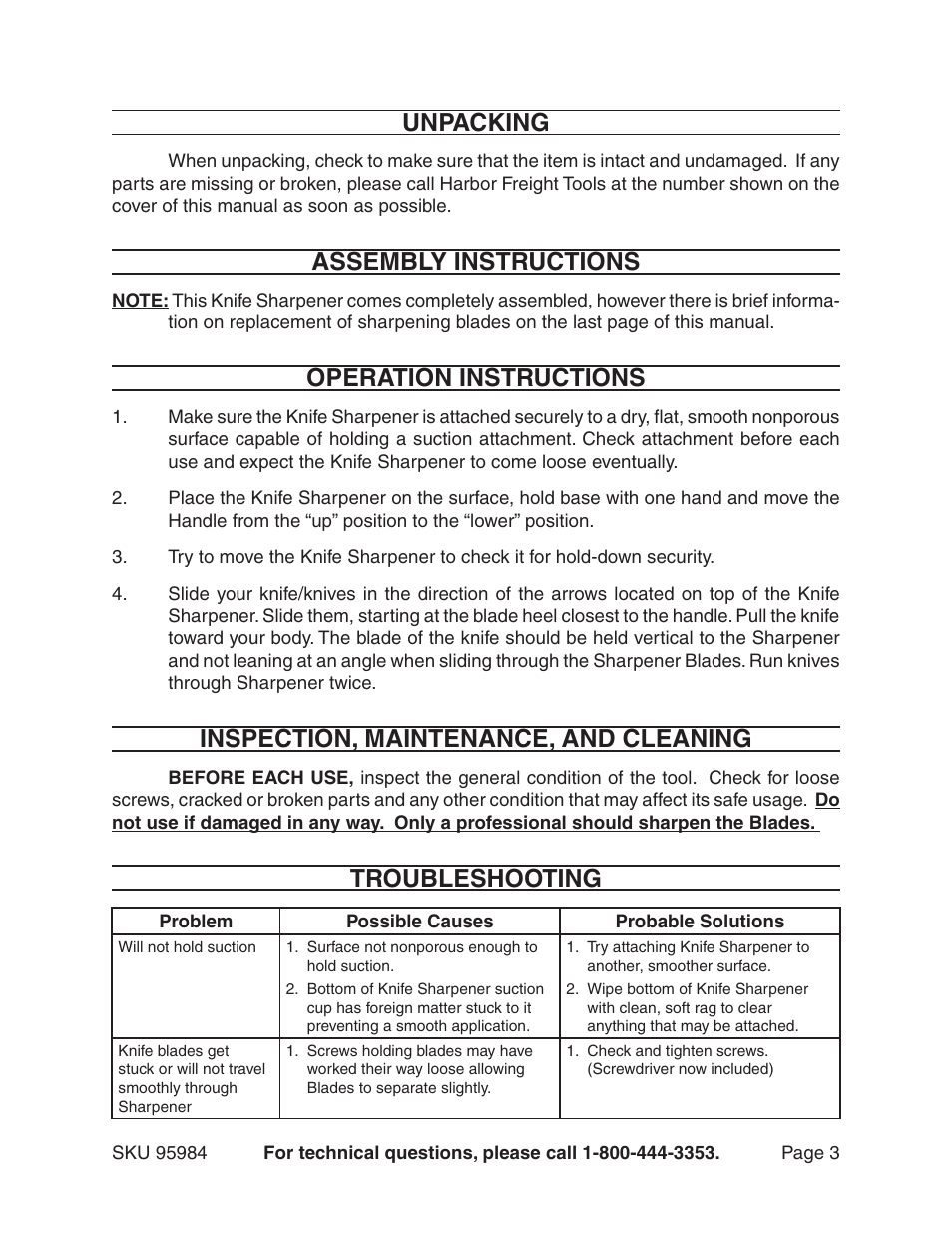 Unpacking, Assembly instructions, Operation instructions | Inspection, maintenance, and cleaning, Troubleshooting | Gordon Tool 95984 User Manual | Page 3 / 4