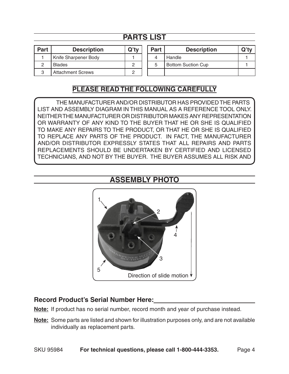Parts list, Assembly photo, Please read the following carefully | Record product’s serial number here | Gordon Tool 95984 User Manual | Page 4 / 4