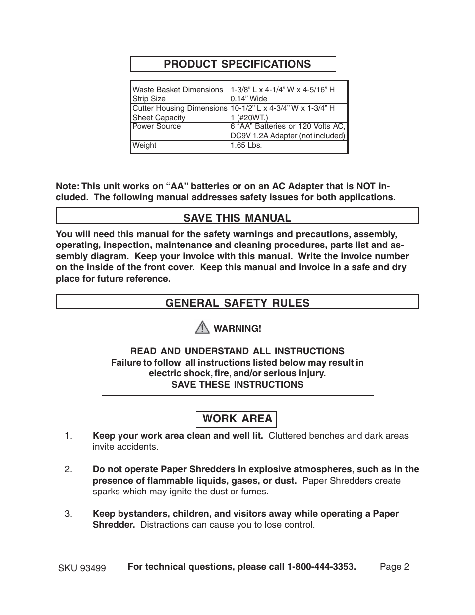 Product specifications save this manual, General safety rules, Work area | Gordon Tool 93499 User Manual | Page 2 / 12
