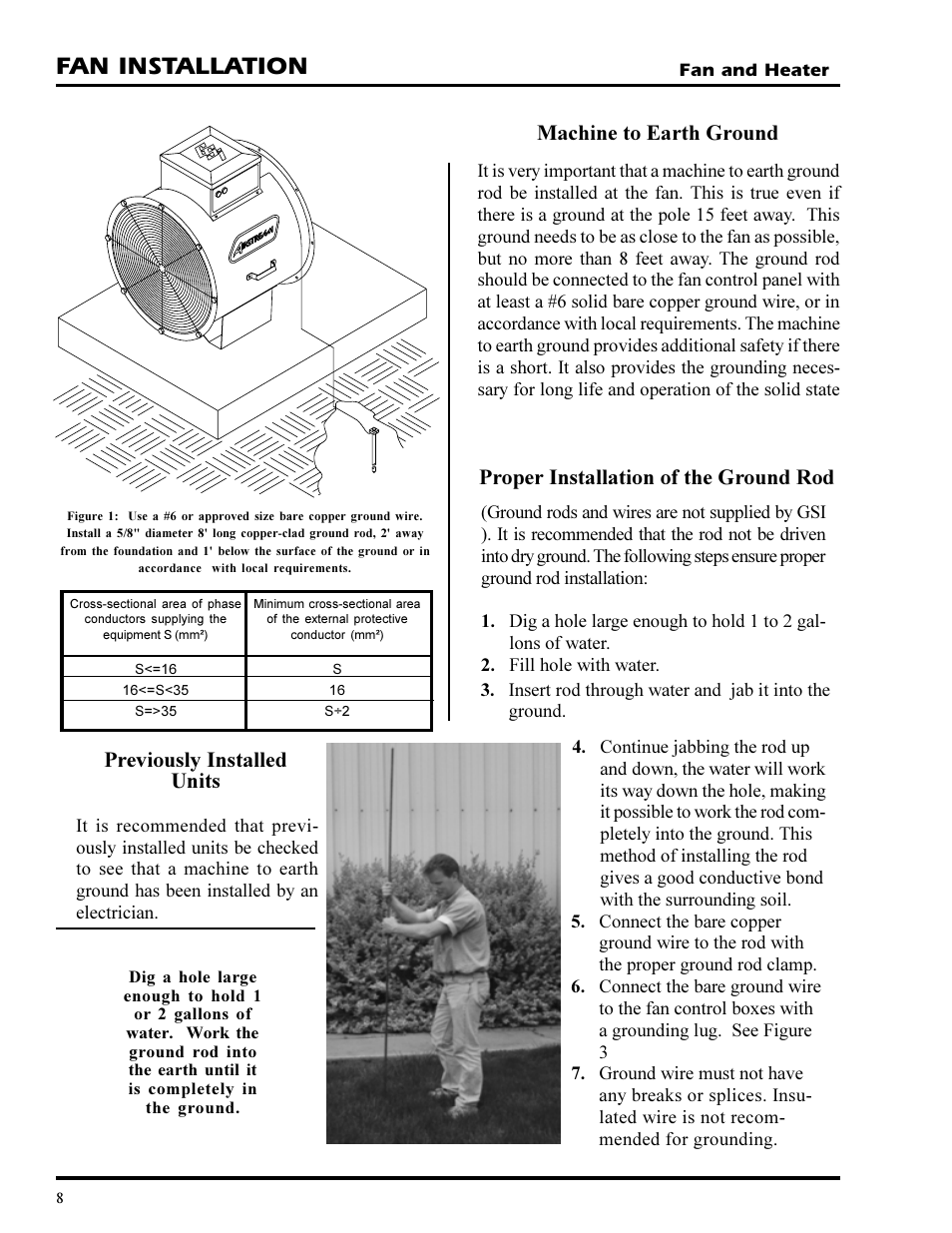 Fan installation, Machine to earth ground, Proper installation of the ground rod | Previously installed units | GSI Outdoors PNEG-377 User Manual | Page 8 / 98