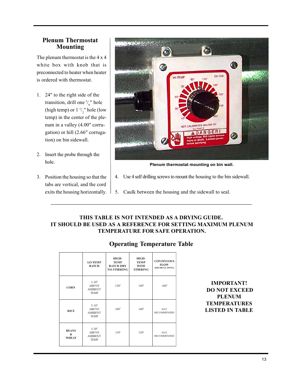 Installation, Plenum thermostat mounting, Operating temperature table | Deluxe vane axial heater, Hole (high temp) or 1, Plenum thermostat mounting on bin wall | GSI Outdoors VLC User Manual | Page 13 / 37