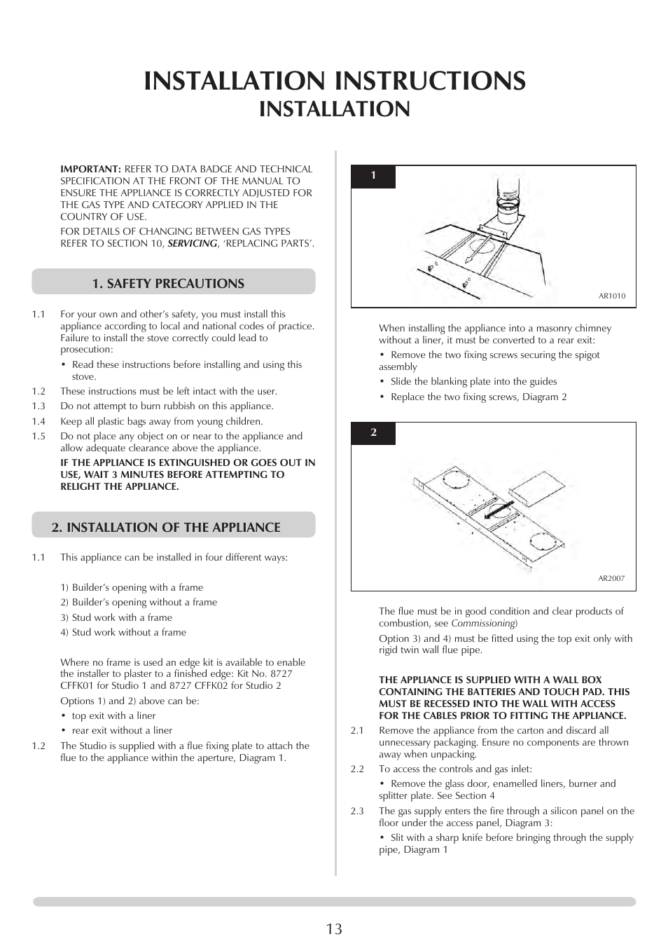 Installation instructions, Installation, Safety precautions | Installation of the appliance | Stovax STUDIO 8700CFCHEC User Manual | Page 13 / 33