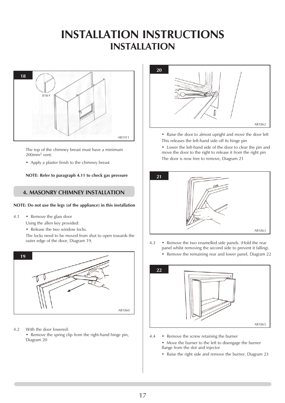 Installation instructions, Installation, Masonry chimney installation | Stovax STUDIO 8700CFCHEC User Manual | Page 17 / 33