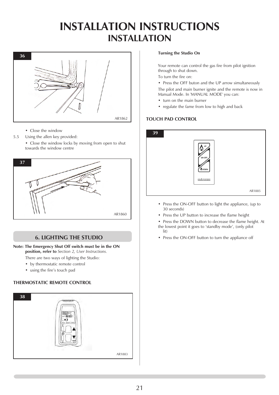 Installation instructions, Installation, Lighting the studio | Stovax STUDIO 8700CFCHEC User Manual | Page 21 / 33