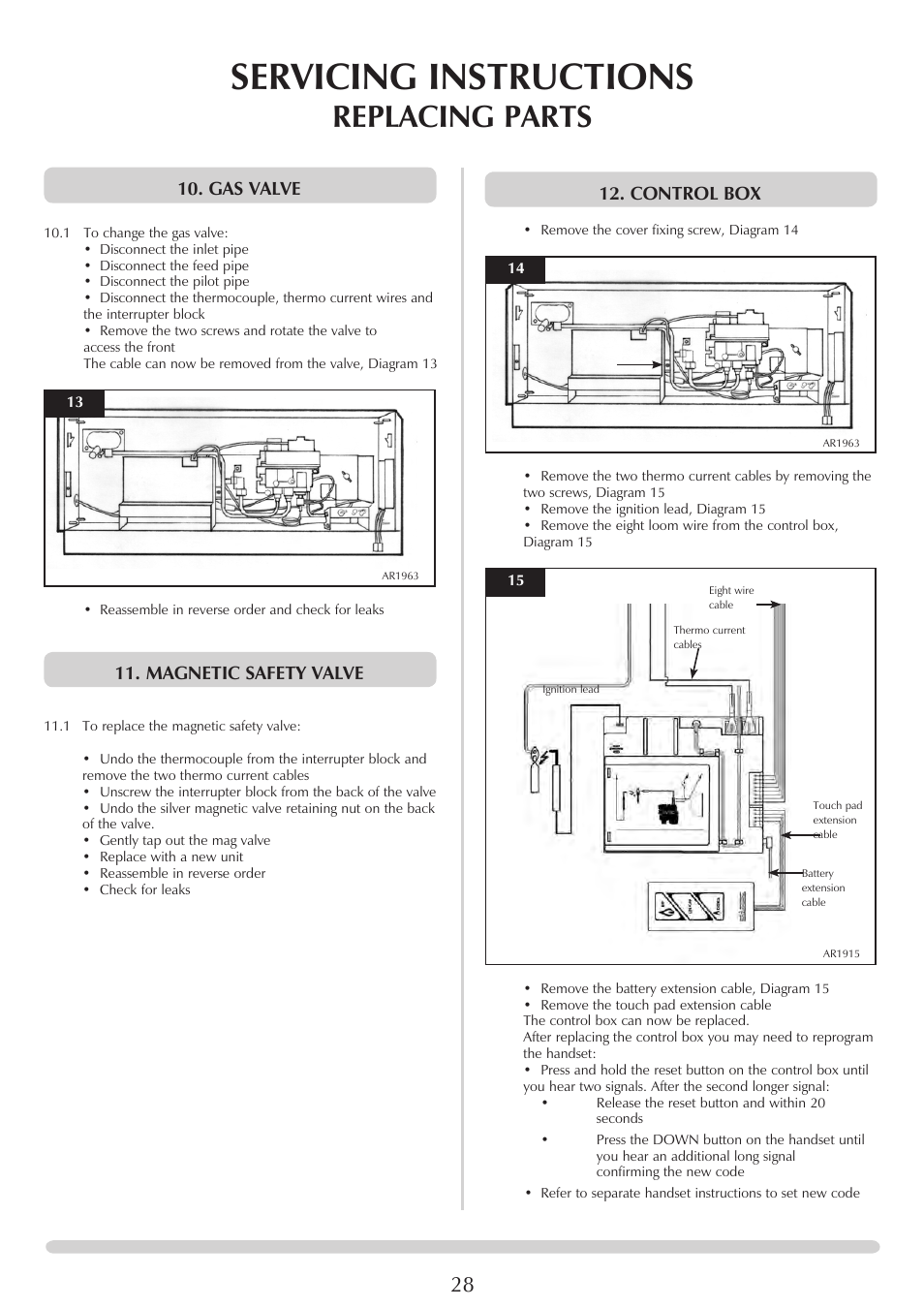 Servicing instructions, Replacing parts, Gas valve | Magnetic safety valve, Control box | Stovax STUDIO 8700CFCHEC User Manual | Page 28 / 33