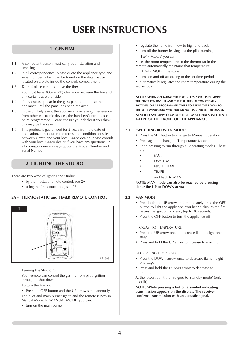 User instructions, General, Lighting the studio | Stovax STUDIO 8700CFCHEC User Manual | Page 4 / 33