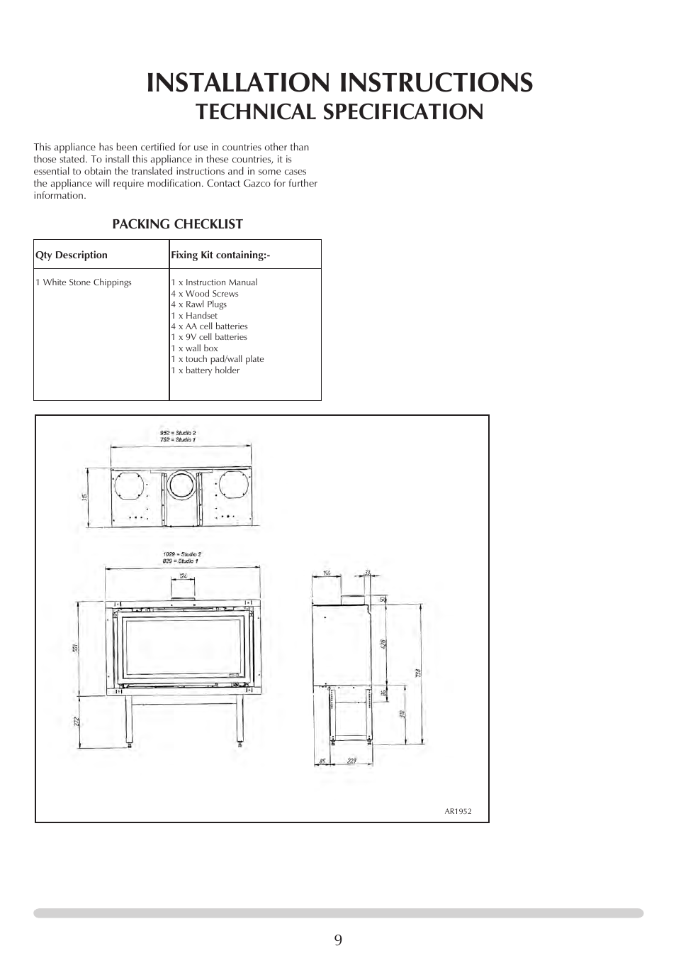 Installation instructions, Technical specification, Packing checklist | Stovax STUDIO 8700CFCHEC User Manual | Page 9 / 33